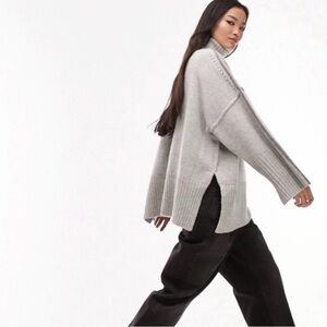 Topshop Premium 100% Lambswool Oversized Turtleneck Sweater Gray US 4-6 Capsule